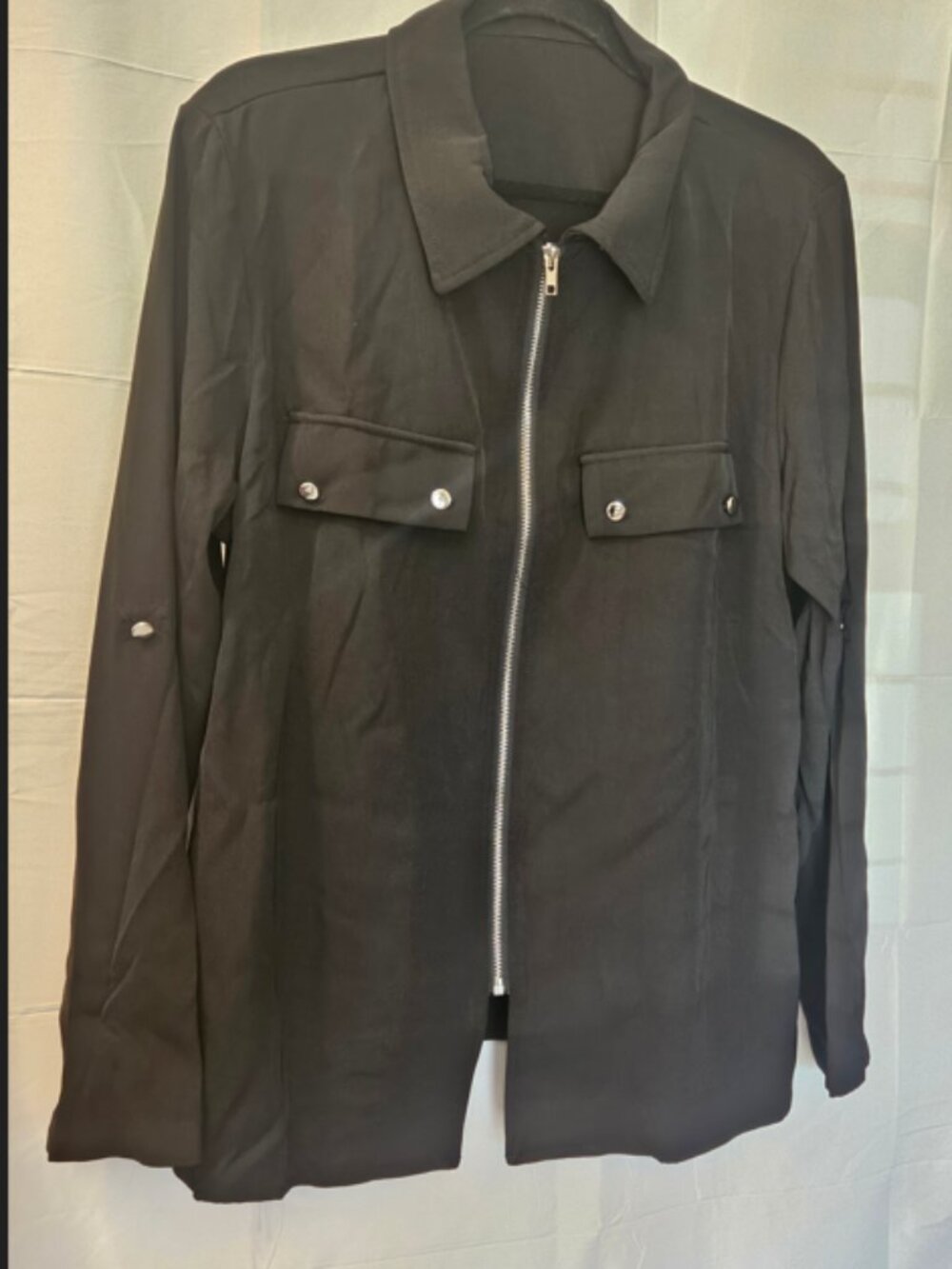Women’s XL Black Zip Front Utility Shirt Jacket Roll Tab Sleeves NWOT